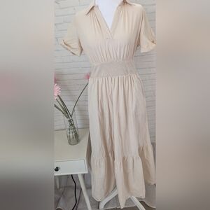 DownEast Cream Midi Dress with Shirred Waist